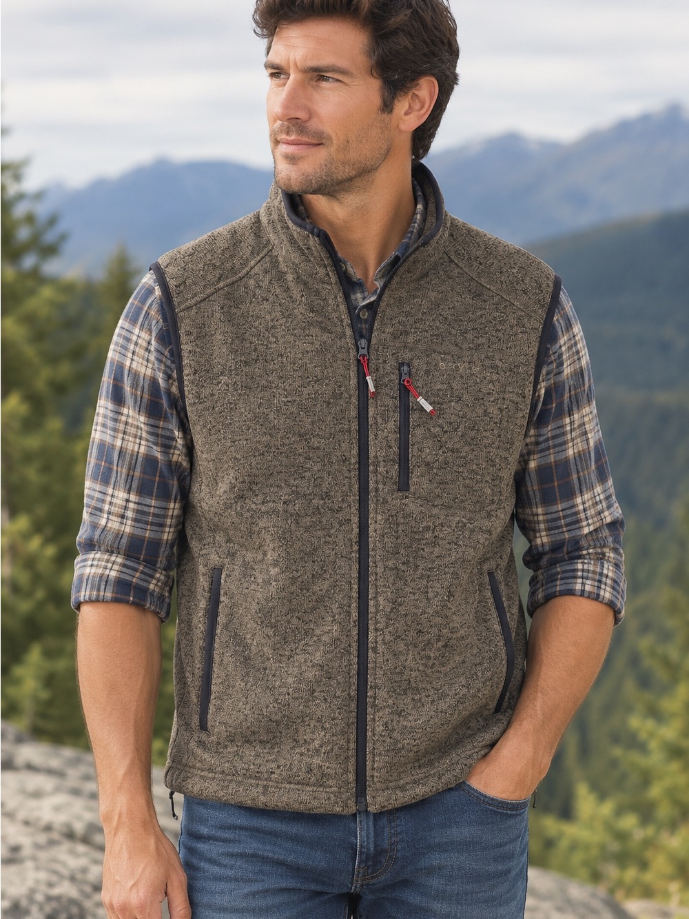 Orvis Heathered Brown Full-Zip Fleece Vest with Black Trim — Size XL